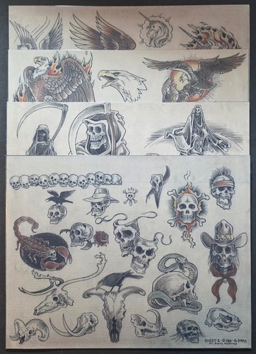 SET Of 4 1981 Greg Irons Traditional Vintage Tattoo Flash Set Production Sheets