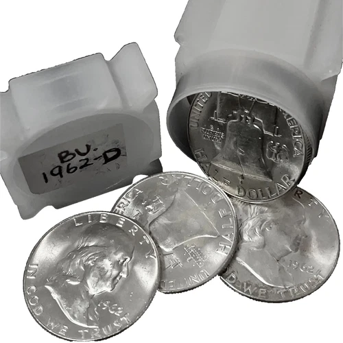 1962-D Franklin 90% Silver Half Dollars GEM BU Roll of 20 Coins - $10 Face Value