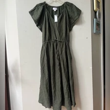 Velvet By Graham & Spencer Short Flutter Sleeve Linen Midi Dress Small Green NWT