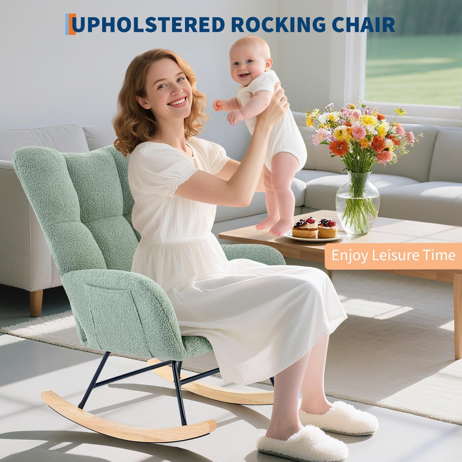 Nursery Rocking Chair, Soft Chair Recliner Accent Chair High Backrest & Headrest