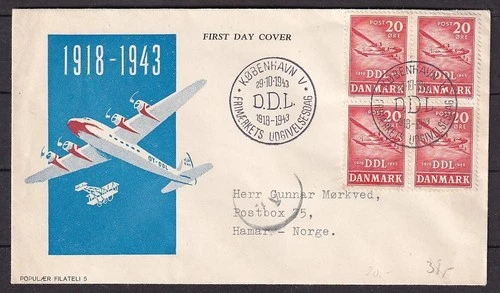 w3391/ Denmark Airplane DDL-Airline 4-Block Censor FDC Cover t/Norway 1943