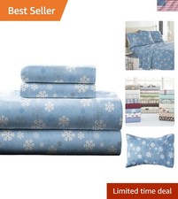Heavy Weight Flannel Sheet Set Queen Snow Flakes Warm Cozy 100 Cotton