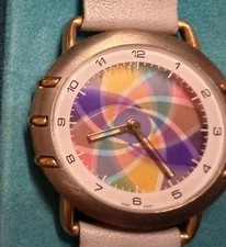 NOS Avon Color Watch Swiss Quartz Swirl Dial Gray Leather Strap w/ Box
