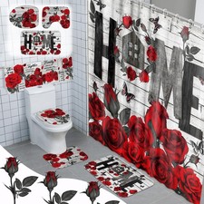 8 Pcs Red Rose Shower Curtain Set Rose Home Romantic Valentine's Day Bathroom D