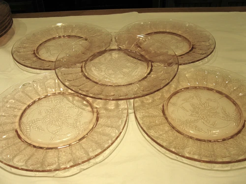 Vintage Jeannette FLORAL POINSETTIA Pink Depression Glass (5) Salad Plates 8"