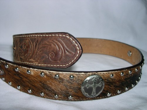 3D Belt Co Western Brown Tooled Leather Cowhide Hair on Hide CROSS Conchos 28"