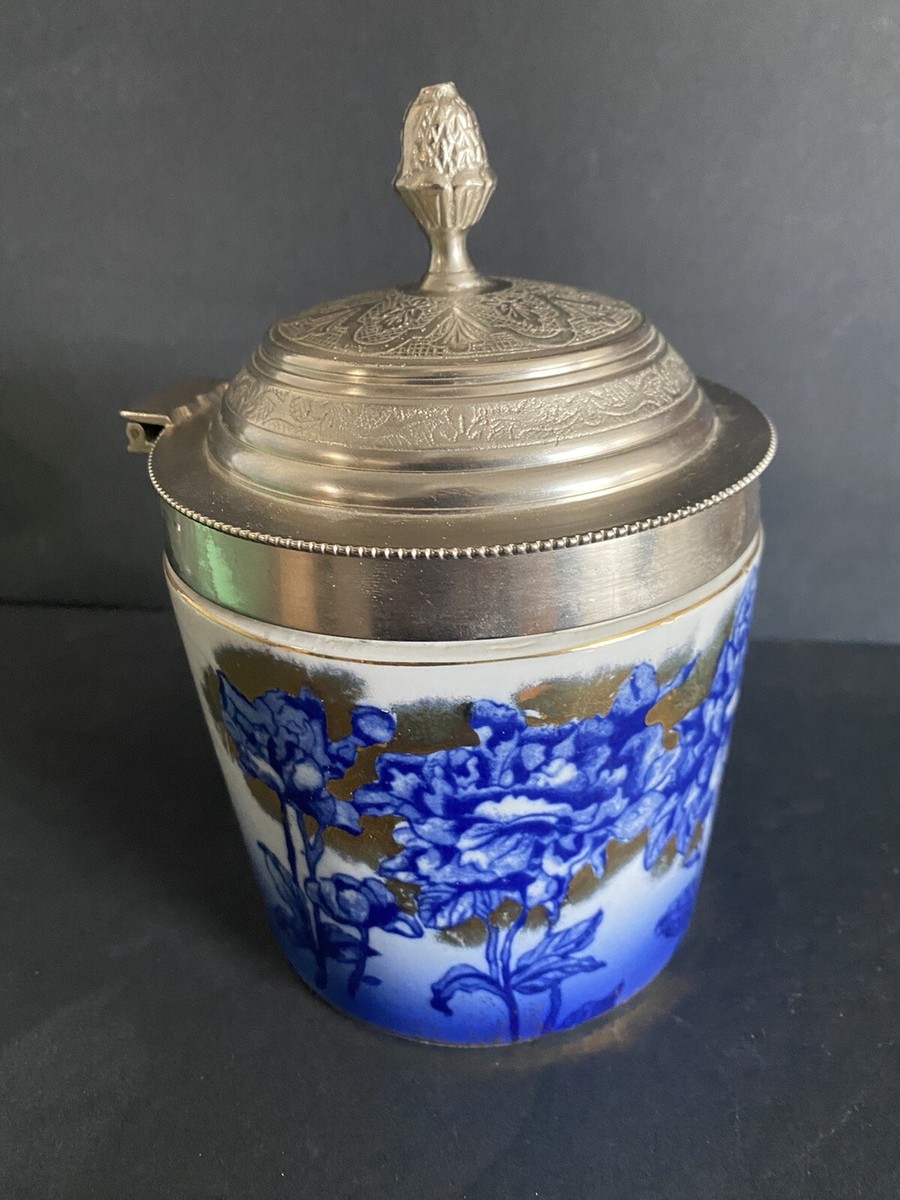 Antique Royal Doulton Biscuit Jar ~ Blue Gold Flowers w/ Pewter