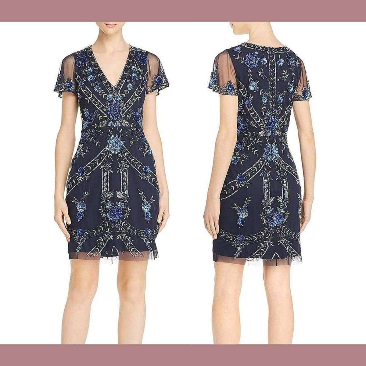 NWT $372 Aidan Mattox [ 0 ] Embellished V-Neck Cocktail Dress in Twilight  #S672