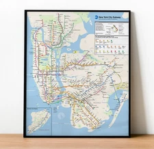 2024 NYC New York Subway Transit Railroad Airport Map Wall Poster Print Decor
