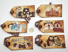 6~Primitive~Handmade~Farmhouse~Linen Cardstock~Annies~Dollies~Gift~Hang~Tags