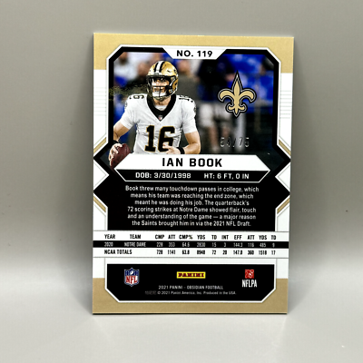 Ian Book RC Panini Obsidian New Orleans Saints #119 /75 rookie