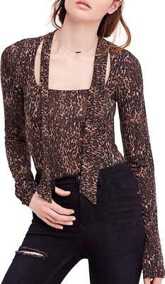 Free People Women's Wild Thing Leopard Print Top Long Sleeve Tie Neck  Size XS