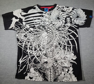 Y2K Floral Skeleton Warrior Tshirt Sz L Class Player Tag Tiki Feel Print RARE