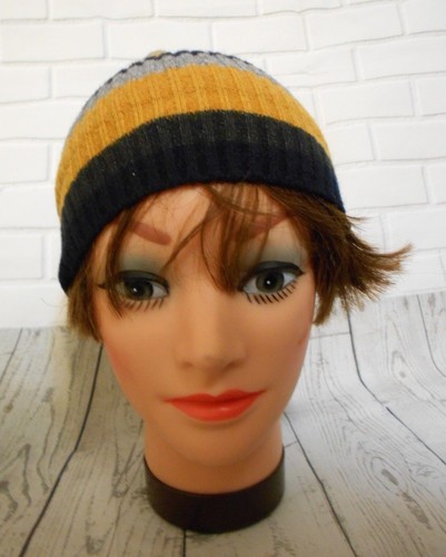 Black White Yellow Striped Beanie Hat 
