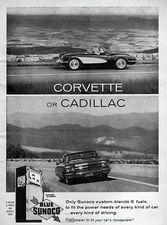 1960 Chevy Corvette & Cadillac Convertible Original Blue Sunoco Print Ad