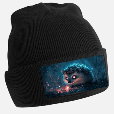 Black Beanie Hat with Cool Hedgehog Motif - Unisex Cap, Cotton