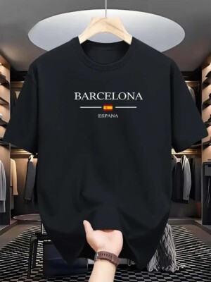 Mens Cotton Barcelona Espana Print T-Shirt Soft Short Sleeve Holiday Cool Tees