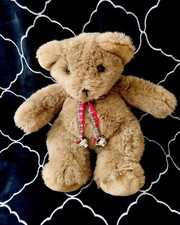 Vintage 1987 Heartline Beige Teddy Bear Plaid Ribbon W/Bell Made In Korea 11 Inc
