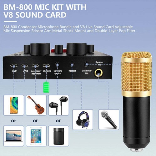 BM800+V8 Sound Card Set Audio Condenser Mic Studio Singing Microphone - Afbeelding 2 van 8