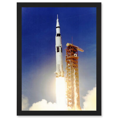 Apollo 11 Launch Saturn V Rocket Blast Thrust Flame USA A4 gerahmter Wandbilddruck
