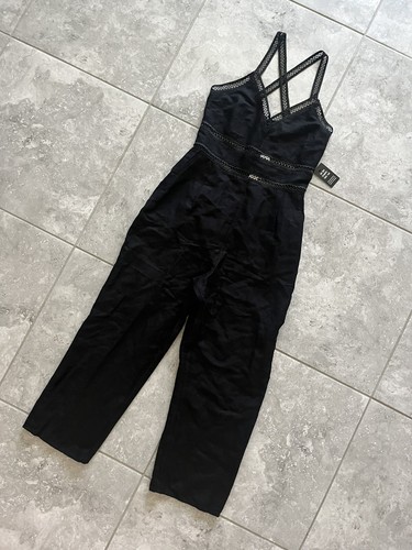 Express Black Linen Blend Lace Trim Sleeveless Criss Cross Back Pant Jumpsuit 4 - Picture 4 of 17