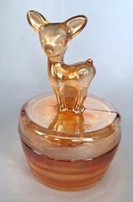 Vintage Deer Fawn Jeanette Marigold Carnival Glass Trinket Candy Powder Dish Jar