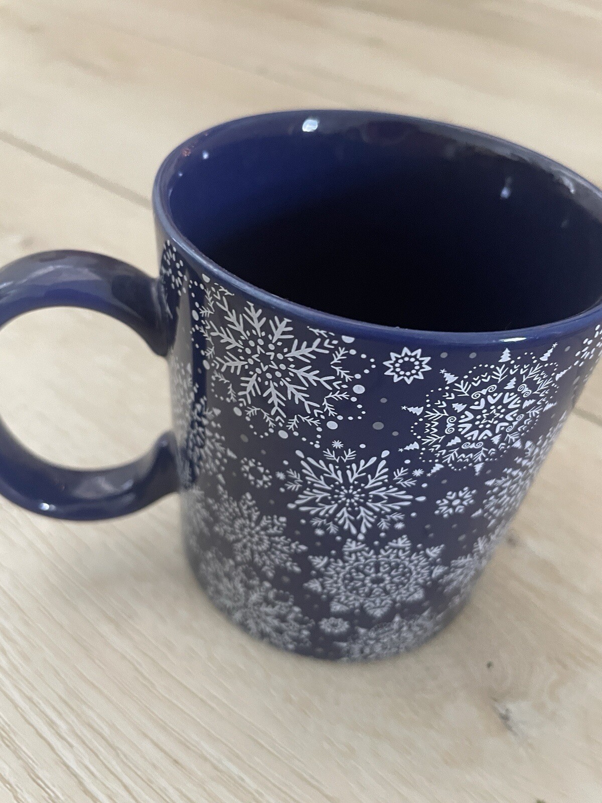 NEW Chic & Tonic Blue Mug Cup Winter Ceramic 16 oz White Snowflakes Christmas