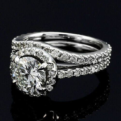 2.67 CT ROUND CUT MOISSANITE HALO ENGAGEMENT BRIDAL RING SET 14K WHITE ...