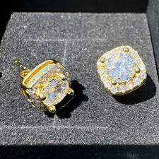 VVS1 Moissanite Halo Stud Earrings Yellow Gol...