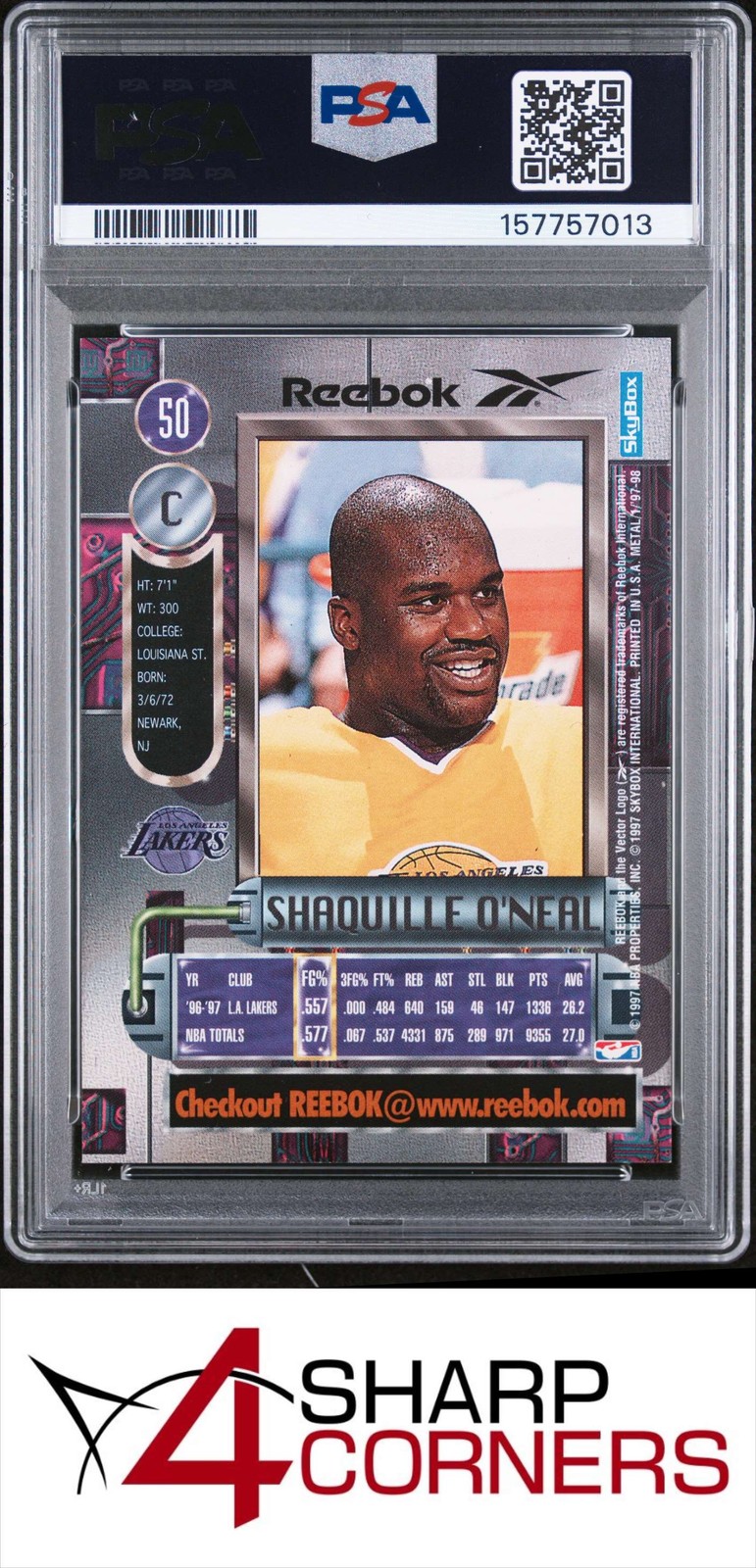 1997 METAL UNIVERSE #50 SHAQUILLE O'NEAL LAKERS HOF PSA 9 view 2