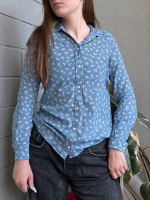 Sézane Blue Floral Button-Up Shirt Parisian Cottagecore Blouse