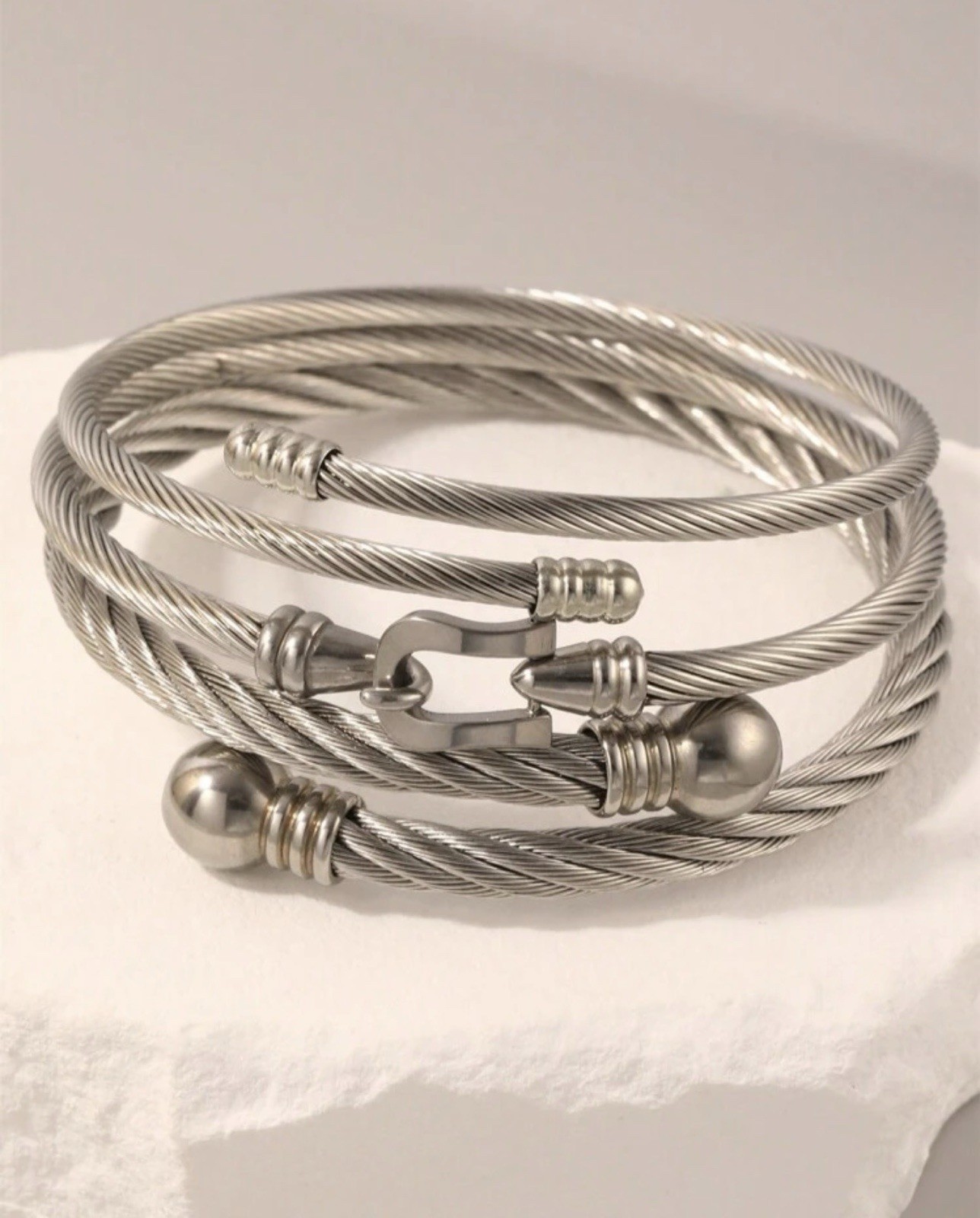 Bracelet jonc torsadé en acier inoxydable argenté pour homme et femme - Set de 3