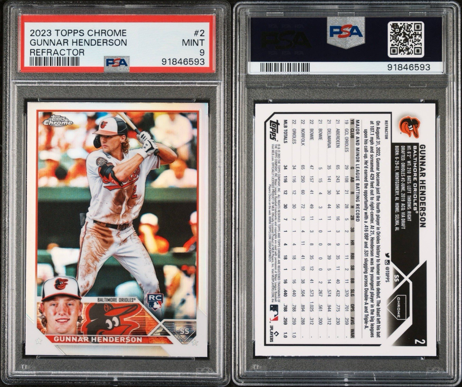 2023 Topps Chrome - Gunnar Henderson #2 Refractor (RC) PSA 9 Baltimore Orioles view 3