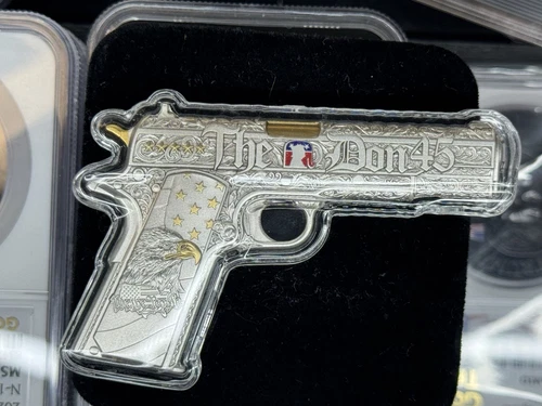 2024 2 Oz .999 Fine Silver "The Don 45" Donald Trump 45 Pistol Shaped Silver Bar