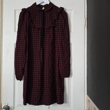 New look burgundy black checked long sleeve baby doll vintage mini dress size 10