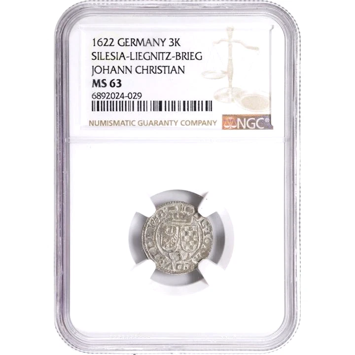 1622 German States Silesia Liegnitz Brieg 3 Kreuzer, NGC MS 63, KM-306, Germany - Image 3 of 3