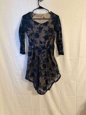 Mimi Chica Blue Floral Mesh Hi-Low Fit & Flare Dress Scoop Neck Layered M 