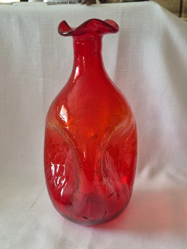 Vintage Blenko Red Pinched Crackle Glass Decanter VGC Free Ship