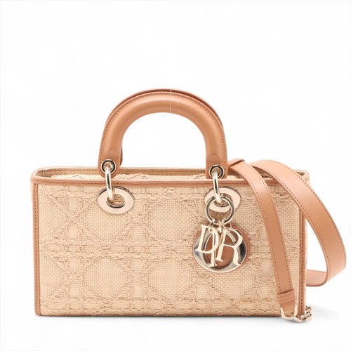 Christian Dior Lady Dejoy Raffia x leather 2 Way Handbag Beige
