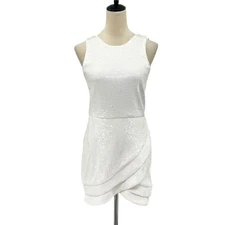NBD S White Sequin Sleeveless Open V-back Layered Tulip Skirt Mini Party Dress