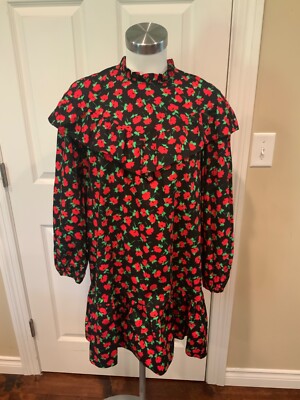 Zara Black & Red Rose Print Ruffle Neck Long Sleeve Mini Dress, Size XS