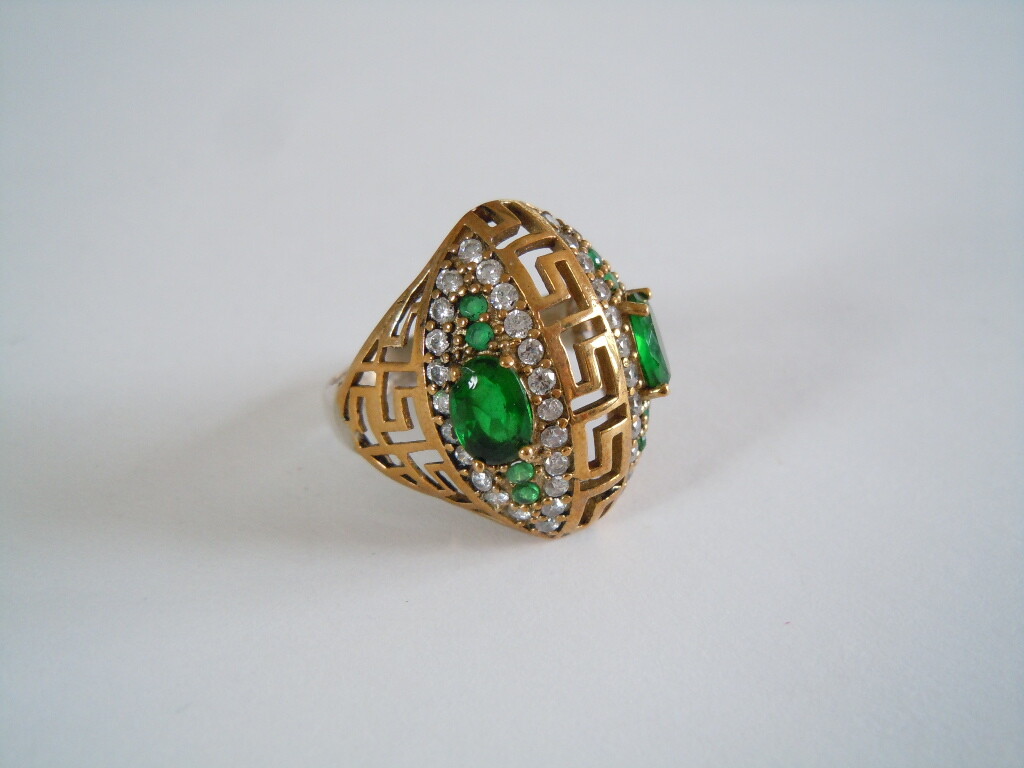 Ring 925 Silver Two Tone Meander Pattern Stones G… - image 1