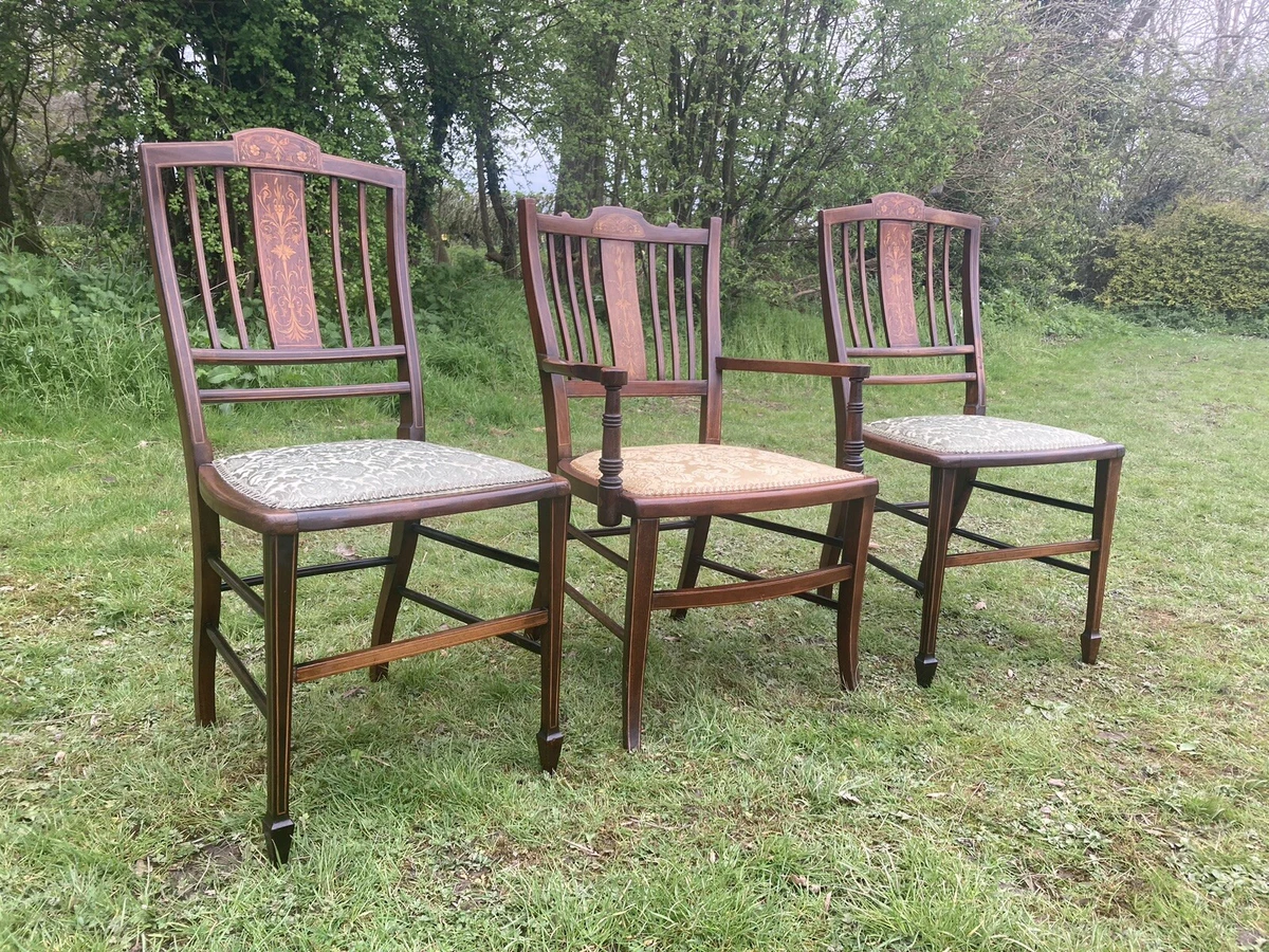 Antique Mahogany Inlaid Carved Ornate 3 x Dining Bedroom Chairs 1 Carver M