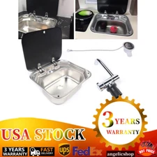 RV Caravan Camper Sink Stainless Steel Hand Wash Basin & Glass Lid & Faucet