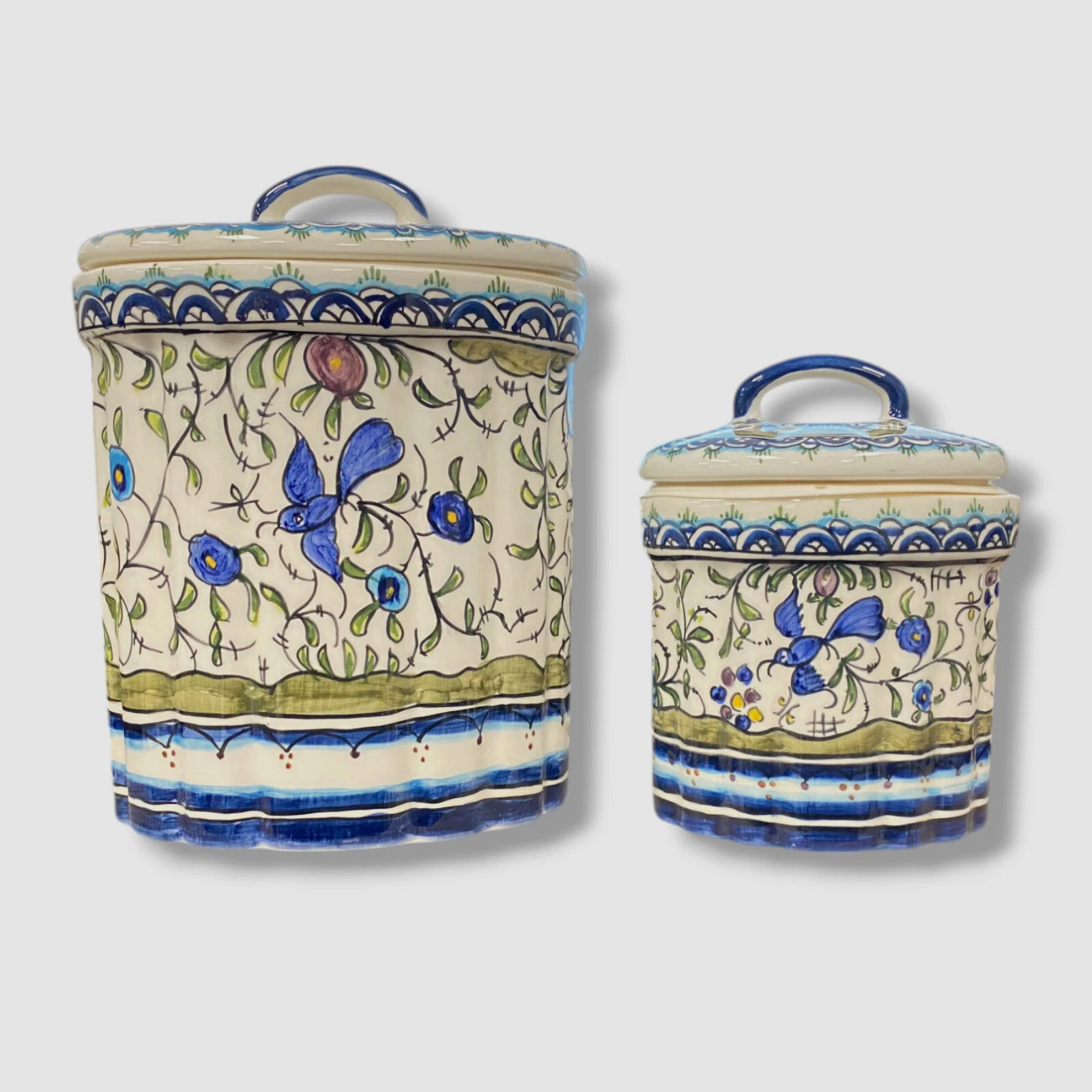 Neiman Marcus Blue and Green Pavoe Canisters Jar Set of 2pc..