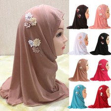 Kids Girls Shawls Wraps Solid Colors Hijab Headscarf with Flower Pretty Scarves