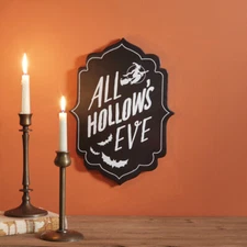 Halloween Metal "All Hallow's Eve" Hanging Sign Plaque: Witch & Bats