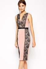 Lace Paneled Body Conscious Midi Dress Pink Medium