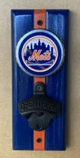 New York Mets logo wall mount bottle opener in solid oak