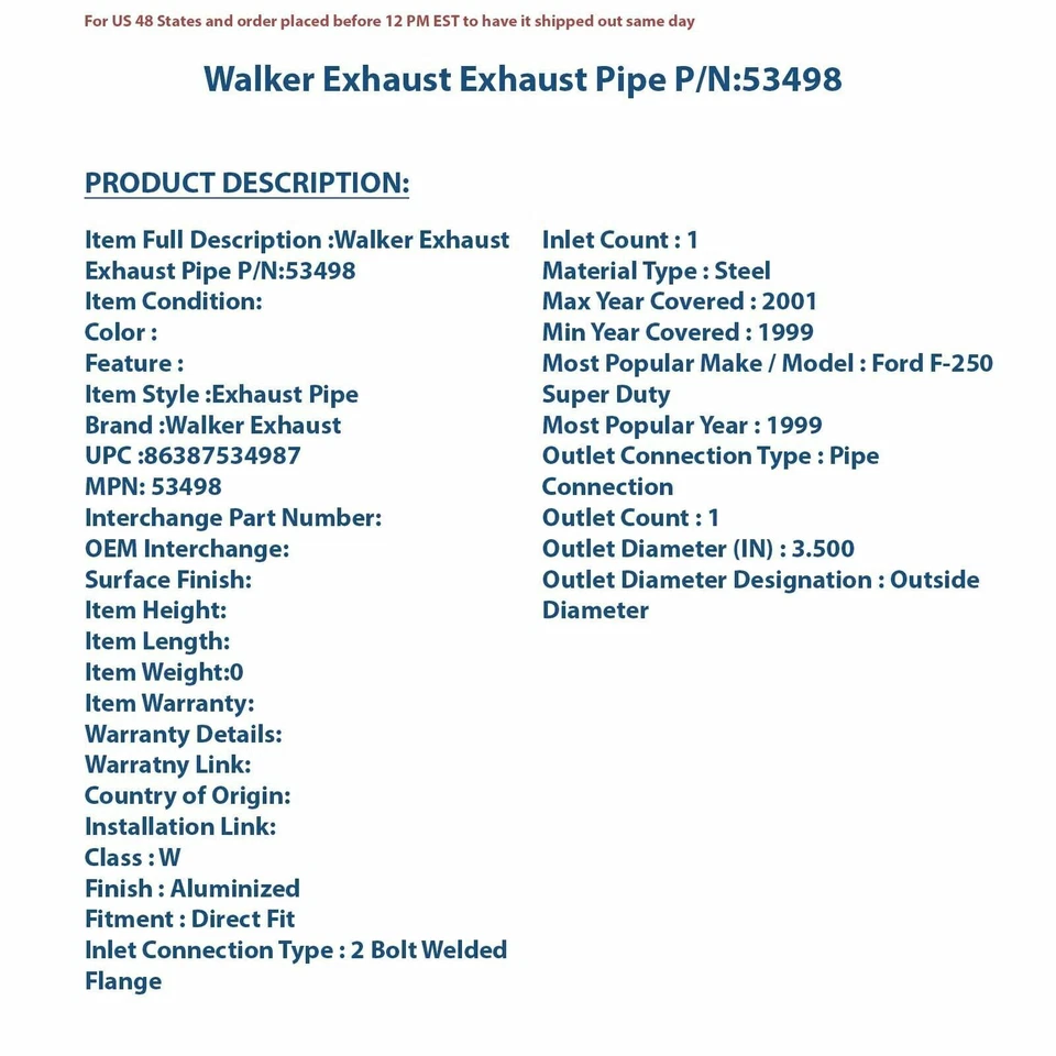 Walker Exhaust Exhaust Pipe 53498 | High-Quality Auto Part, Universal Fit for Mu — 第 4/4 张图片